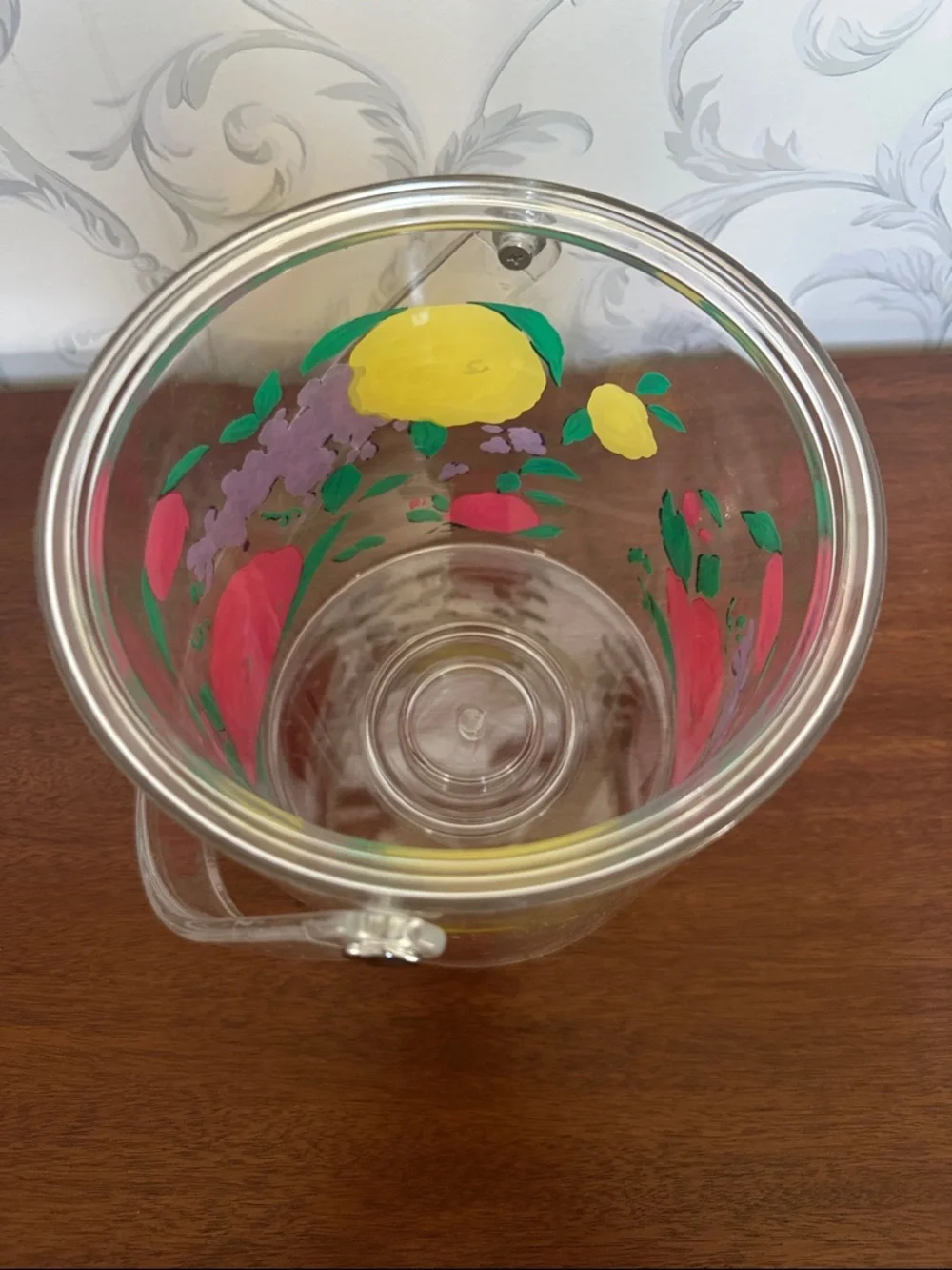 🧊 Clear Floral Acrylic Ice Bucket with Handle lid and tongs retro